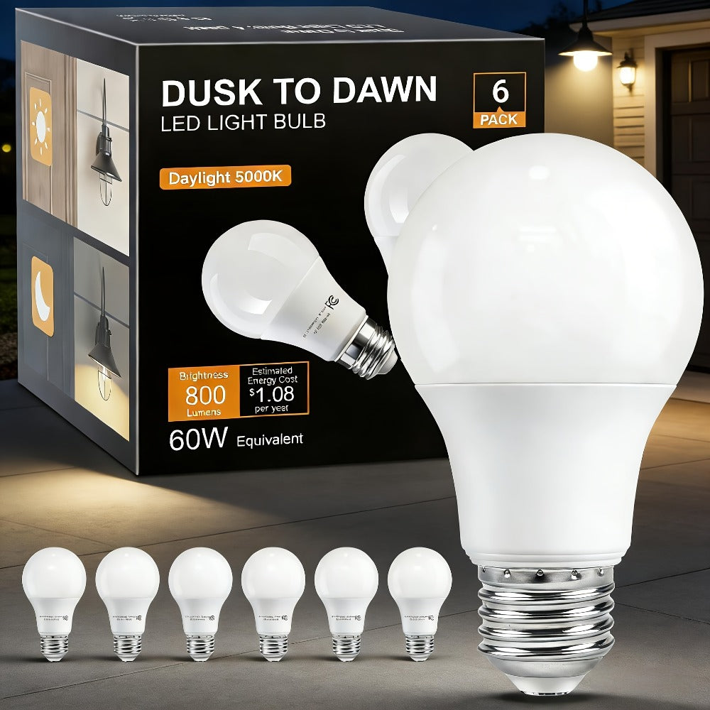 Dusk to Dawn Light Bulb A19 9W 800 Lumens 60W Equivalent with Auto On Off Photocell Sensor ¨C E26 Base Soft White 2700K & Daylight 5000K 80+ CRI Indoor Outdoor Porch Security Lighting, 6 Pack