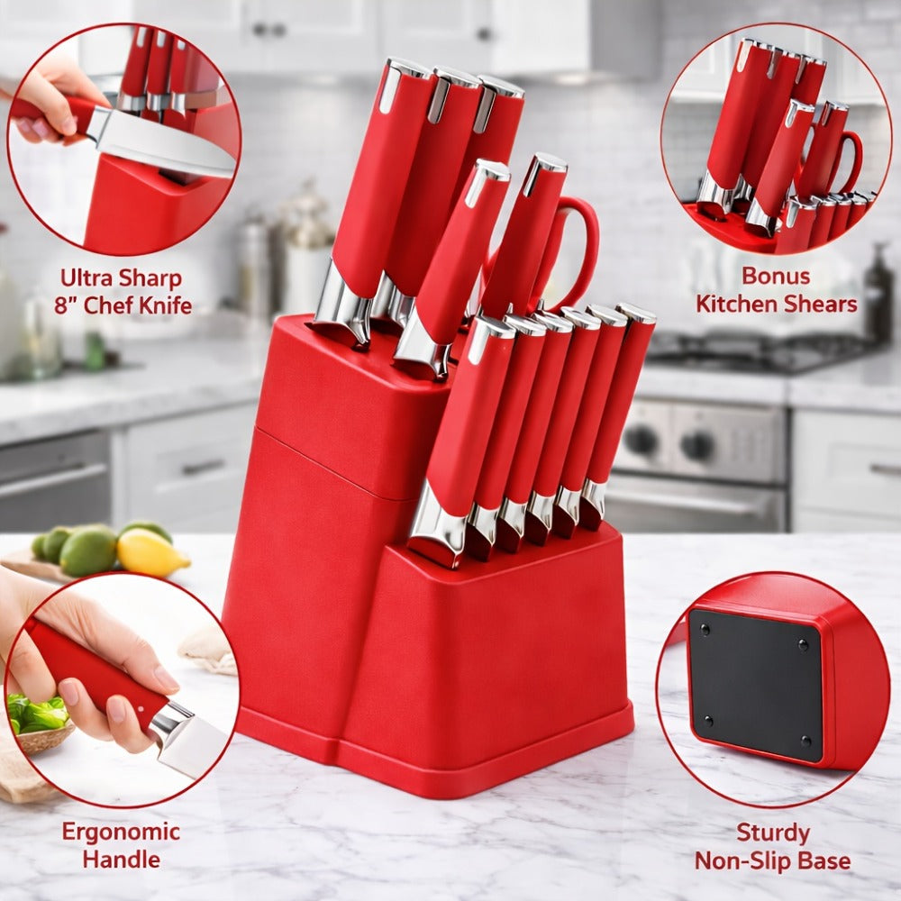 13-Piece Kitchen Knife Set with Block, Chef Bread Steak Knives Scissors Stainless Steel Colorful Cutlery Gift Set with Knife Holder