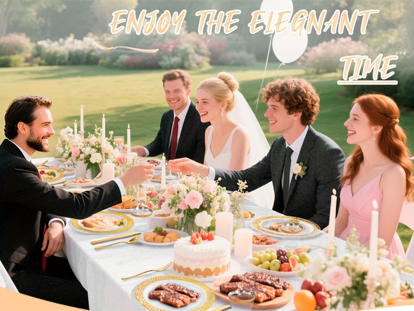 Gold Disposable Dinnerware Set for 50 Guests 350pcs ¨C Includes Dinner Plates, Dessert Plates, 9oz Cups with Gold Rim, Pre-Rolled Napkins & Gold Cutlery | Perfect for Wedding, Party & Holiday Celebration