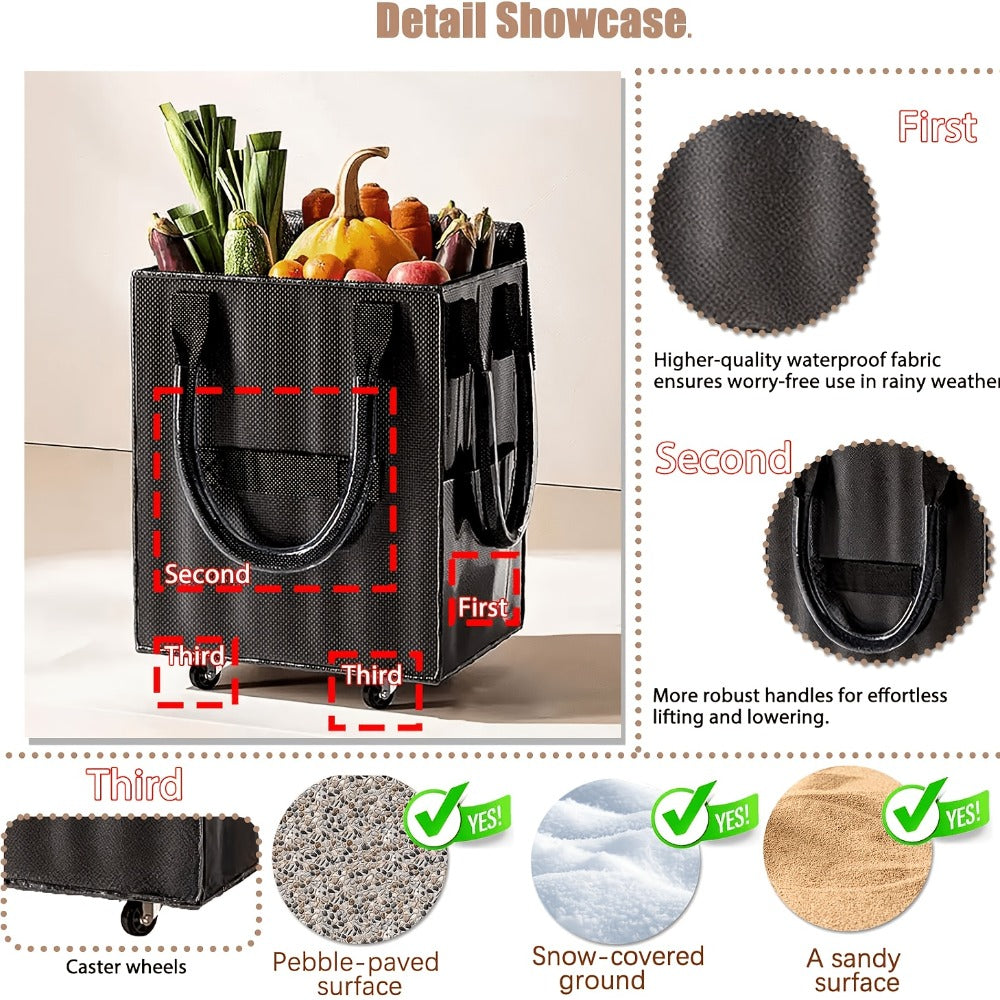 Rolling Grocery Bag with Wheels 60L Extra Large | 16 Gallon Heavy Duty Foldable Shopping Cart Waterproof | Multi-Function Travel Tote Utility Bag in Black Rose Gold