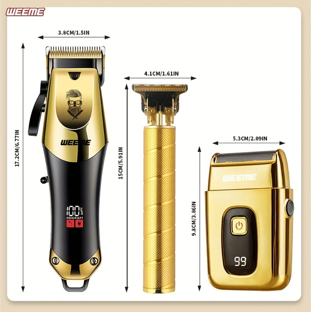 Professional Hair Clipper Set for Men ¨C 3pcs Golden Cordless Kit with Beard Trimmer & T-Blade Trimmer, Hair Cutting & Styling Tools, Ideal Birthday & Father¡¯s Day Gift for Men