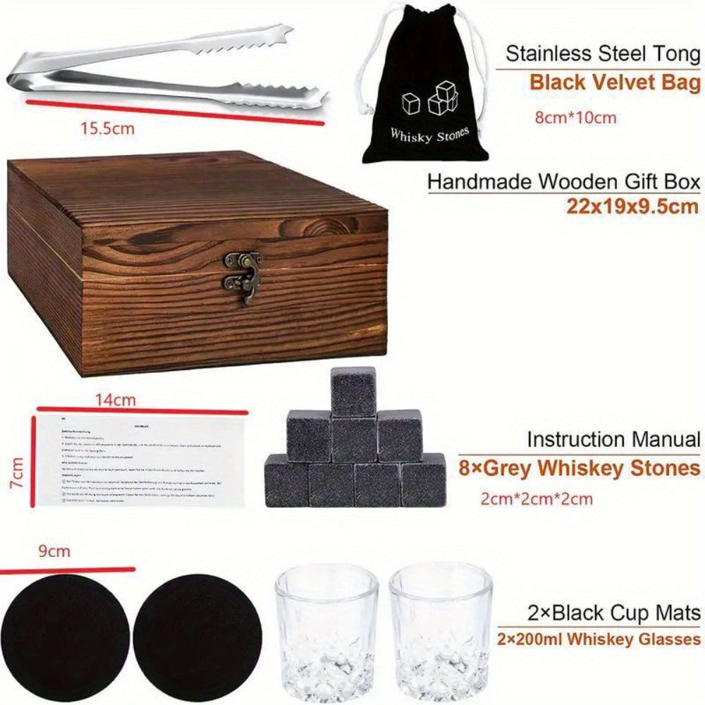 Whisky & Wine Glass Set with Cooling Stones, Ice Tong & Bartender Kit ¨C Portable Bar Accessories for Luxurious Drinking Experience, No Electricity Needed