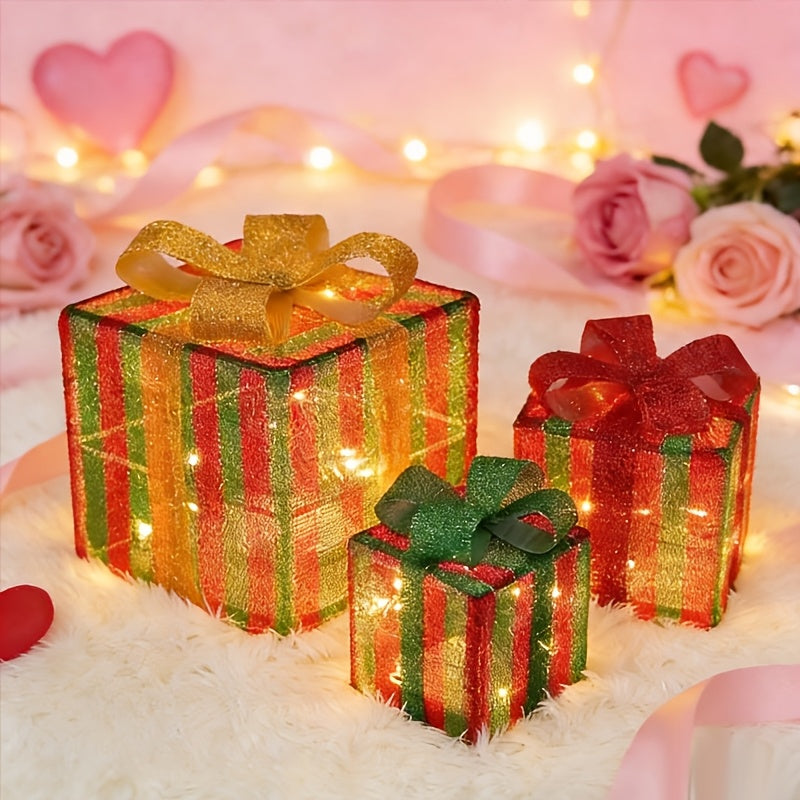 Christmas Gift Box Lamp 3pcs - Transparent Light Box with LED String Lights, Strap & Handle, Holiday Home Decoration, Birthday Party Decor, Manual Assembly