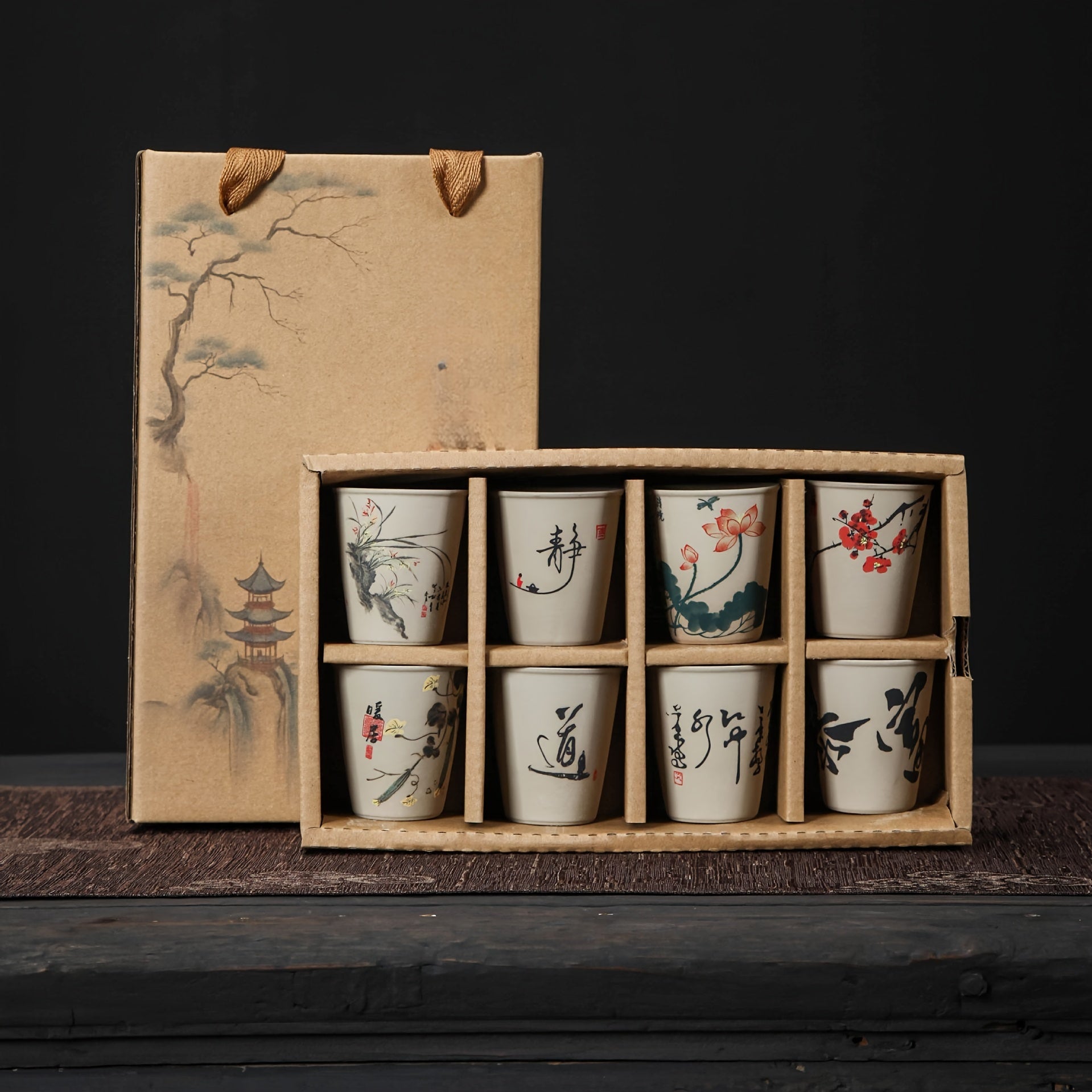 8pcs Chinese Ceramic Tea Cup & Saucer Set, Porcelain Kung Fu Tea Set for Tea Lovers, Wedding Favors, Cultural Gifts