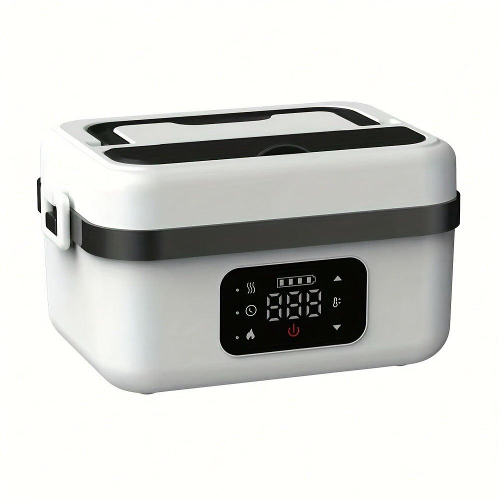 Self Heating Lunch Box Battery Powered 8000mAh - 60W Portable Electric Food Warmer with Smart Timer 1 Liter Stainless Steel Inner Container for Home Car Office and Truck, Leak Proof with Fork Spoon and Carry Bag, Gift for Men and Women