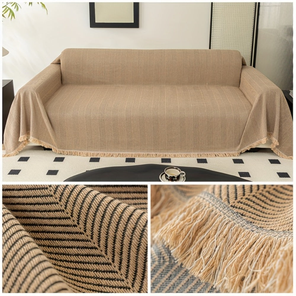 Herringbone Sofa Throw Cover with Tassels Jacquard Woven Solid Color Washable Polyester Sofa Blanket Slipcover for 3 4 Seater Couch Living Room - Grey Coffee Green Blue