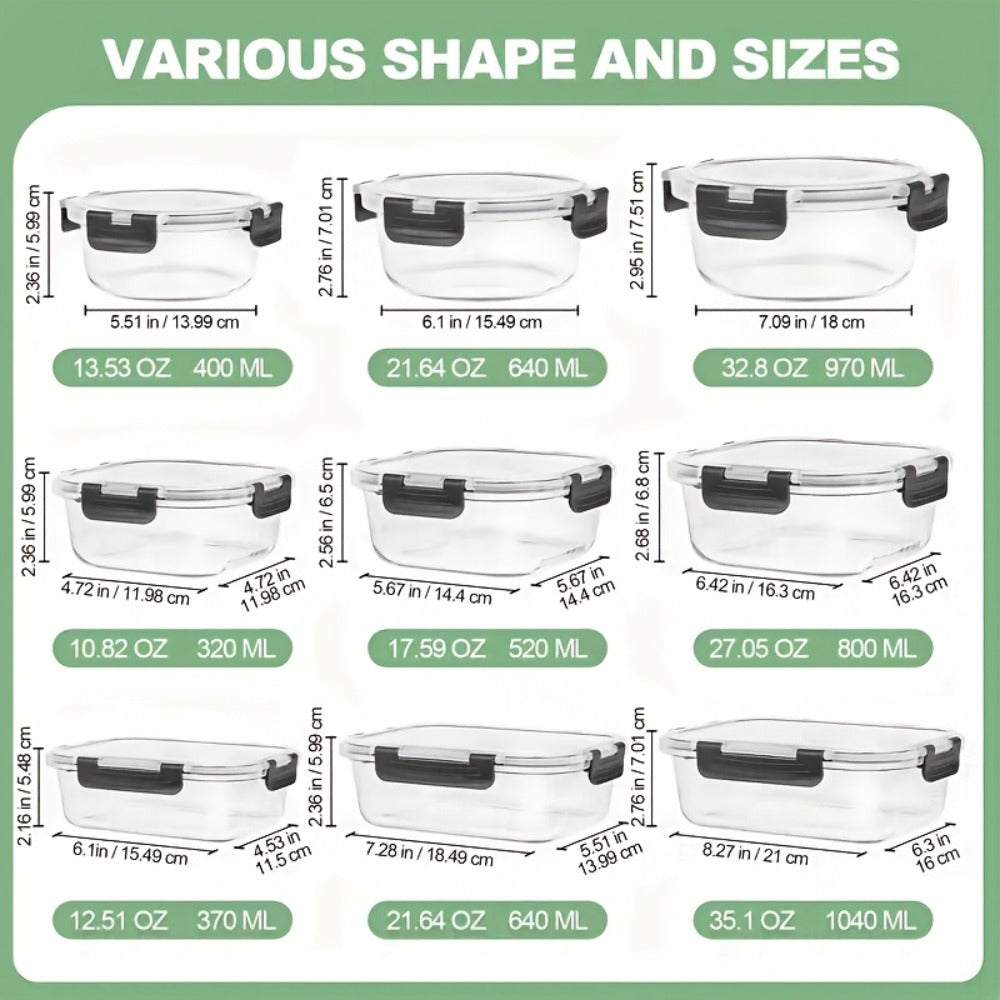 Glass Food Storage Containers with Lids Set of 12, Airtight Leak-Proof Meal Prep Containers, Microwave Oven Freezer Dishwasher Safe Bento Boxes for Pantry Kitchen Organization