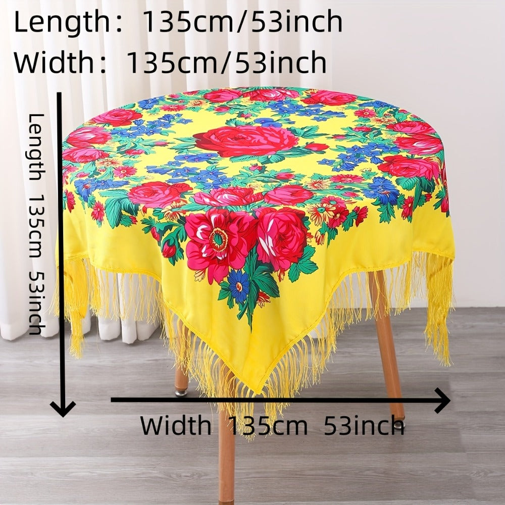 Floral Square Tablecloth with Tassels - Multicolor Flowers, Machine-Washable Polyester, Kitchen & Dining Room Table Cover with Tassel Trim