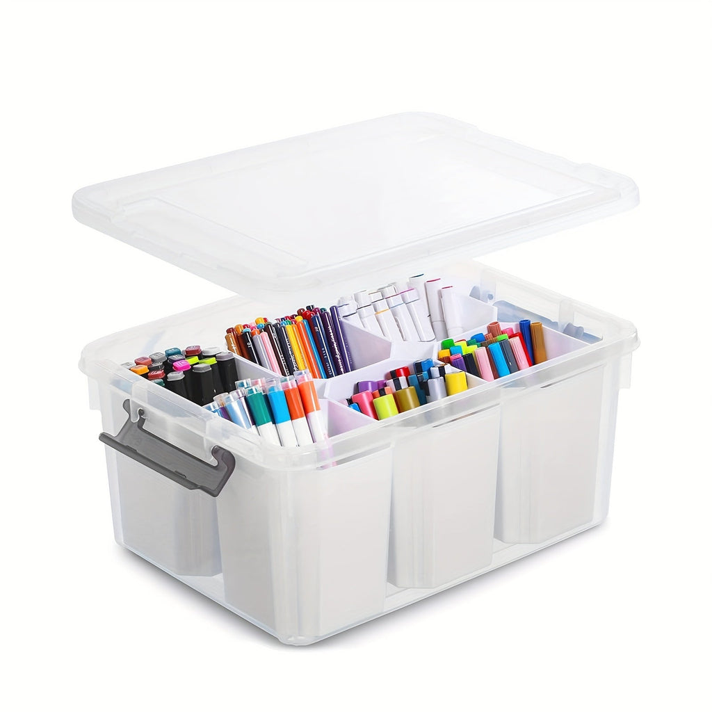 Clear Storage Box with Lid 17Qt 6 Divider Inserts Stackable Desktop Organizer for Craft Jewelry Stationery Tools Office Home