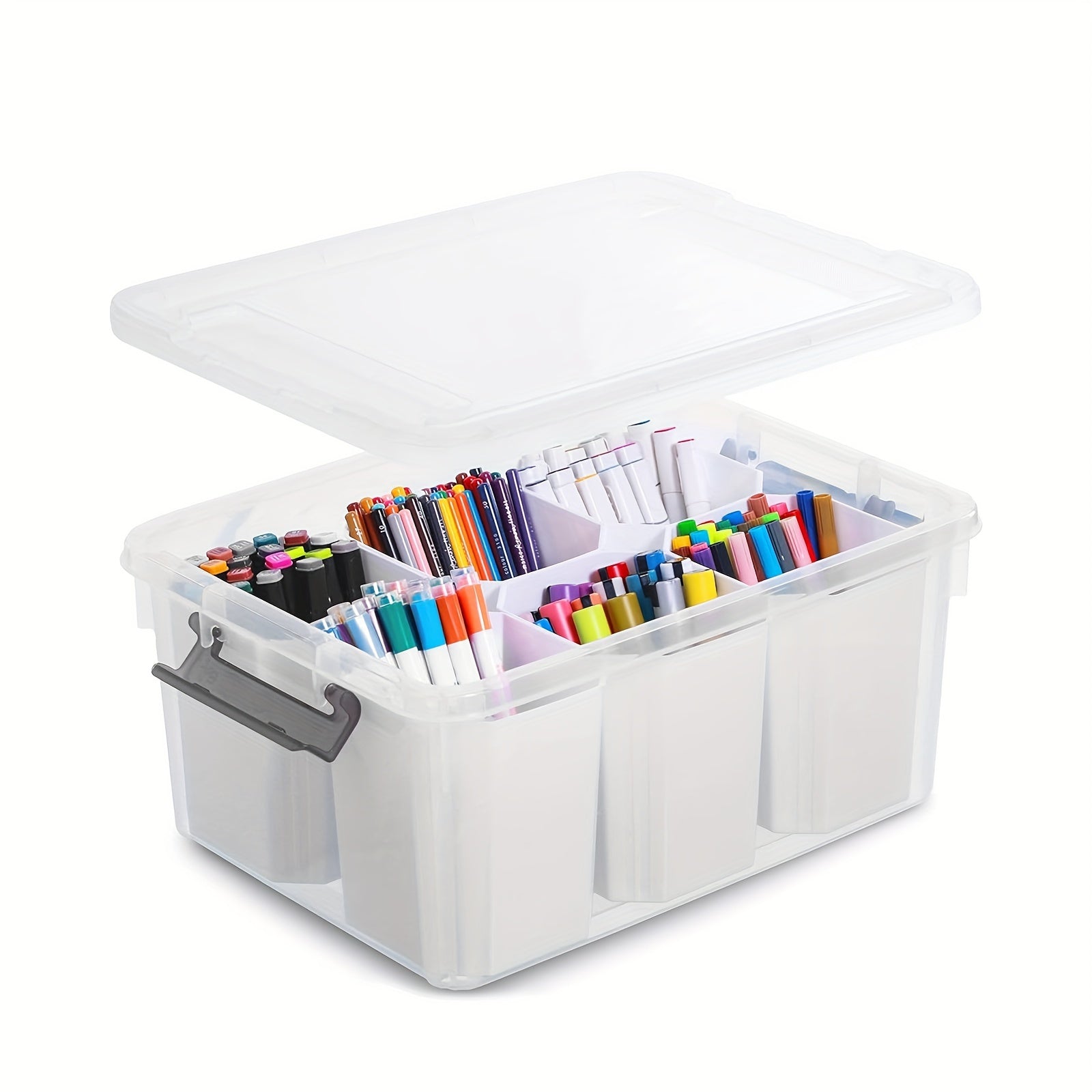 Clear Storage Box with Lid 17Qt 6 Divider Inserts Stackable Desktop Organizer for Craft Jewelry Stationery Tools Office Home