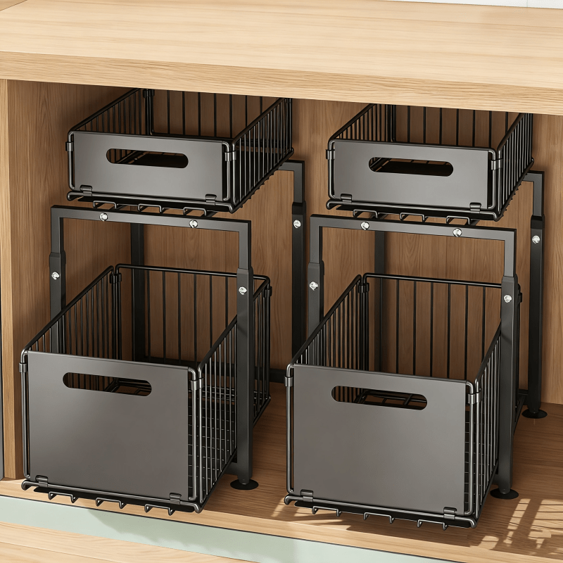 Under Sink Organizer 2-Tier Slide Out Pull Out Drawer Metal Basket Height Adjustable - Under Sink Cabinet Organizer for Kitchen Bathroom Storage, Sliding Shelf Rack for Cleaning Supplies Toiletries