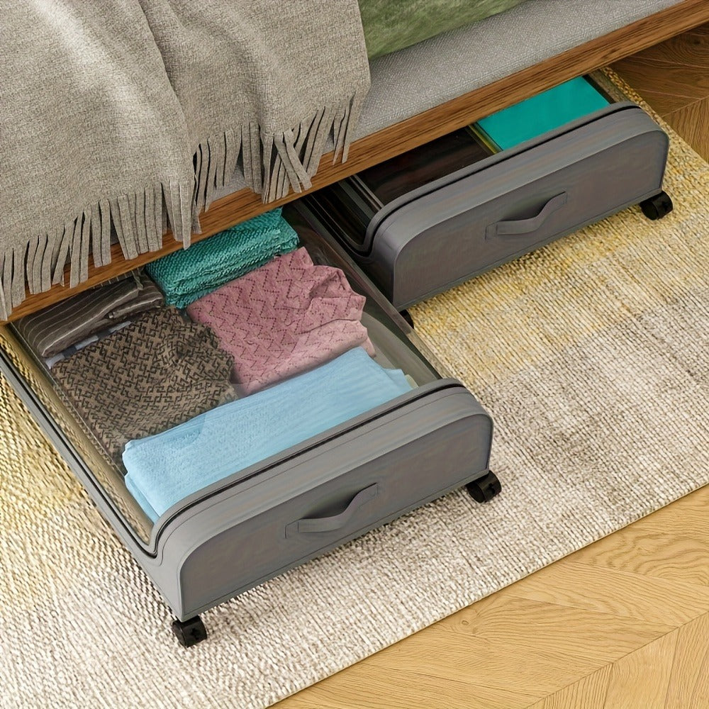 Under Bed Storage Organizer with Wheels & Lid - Metal Rolling Bins for Clothes Bedding Shoes Blankets Books (2pcs)