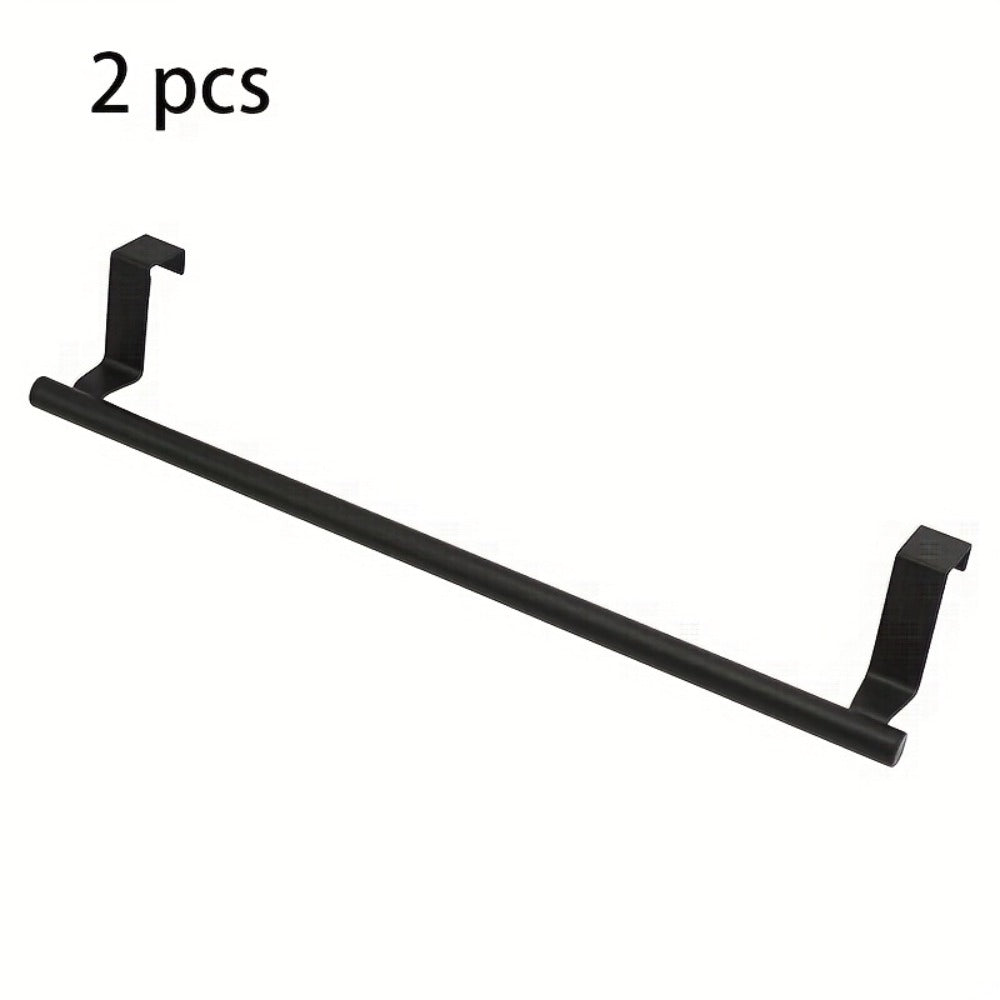 Cabinet Door Towel Bar Stainless Steel 2pcs Set - Over the Door Hand Towel Hanger Rack No Drilling | Black Silver | Kitchen Bathroom Cupboard Dishcloth Organizer Bathroom Accessories