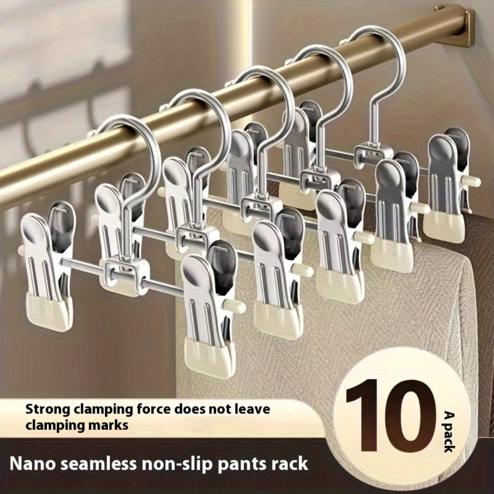 Stainless Steel Clothes Hangers 10 Pack Non-Slip Non-Marking Retractable Metal Hangers with Sock Hook Space Saving Closet Organizer for Wardrobe Drying Laundry