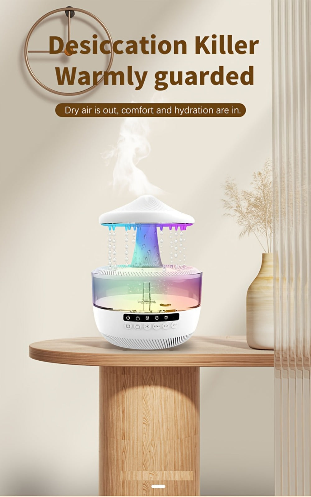 Cool Mist Humidifier with 7-Color Night Light Raindrop Music Design Dual Mist Output 26dB Ultra-Quiet 24H Operation Visible Water Level for Bedroom Living Room Office Gift