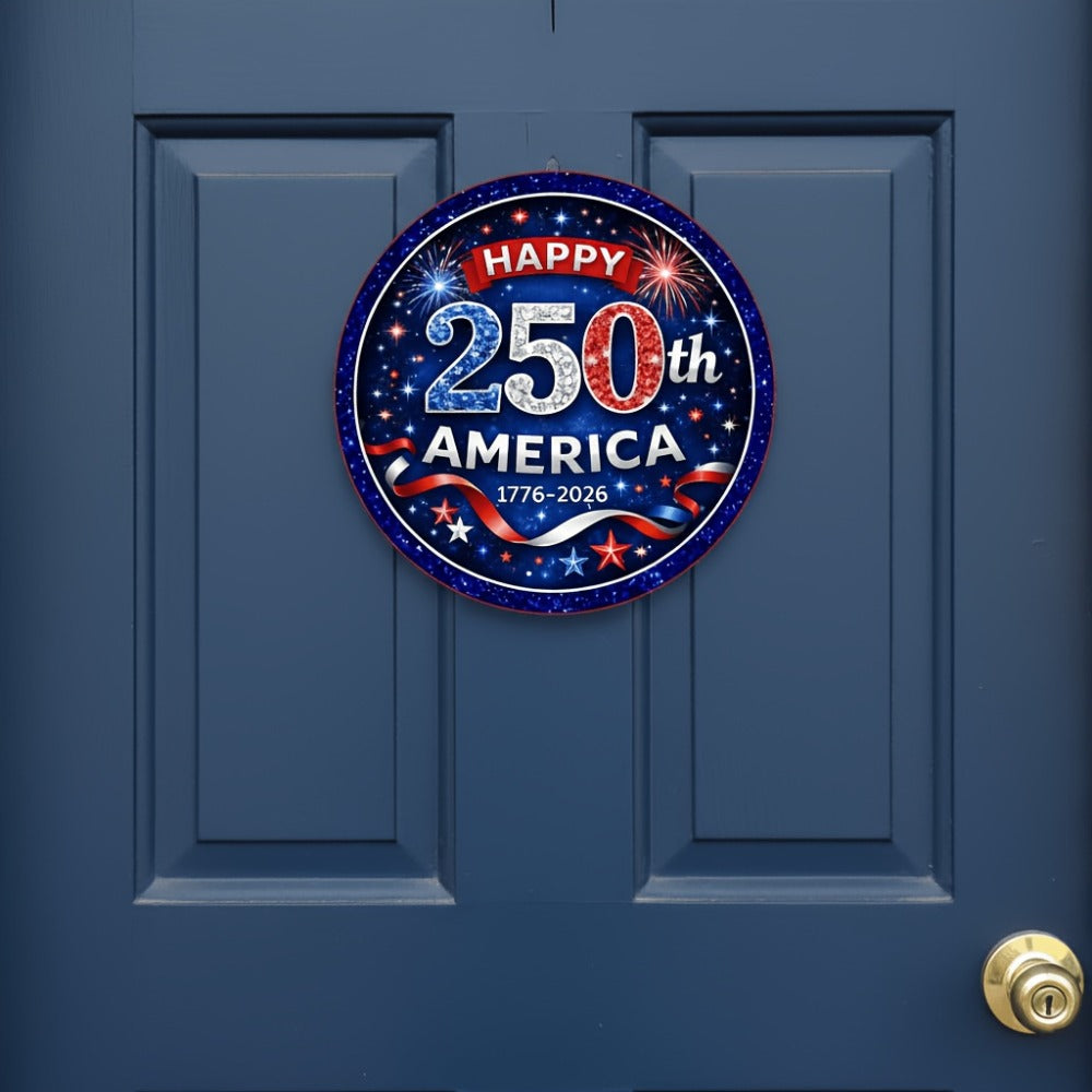 Patriotic Wooden Door Sign 250th Anniversary 1776-2026 Retro Round Wreath 4th of July Independence Day Hanging Decoration Home Porch Outdoor Wall Decor