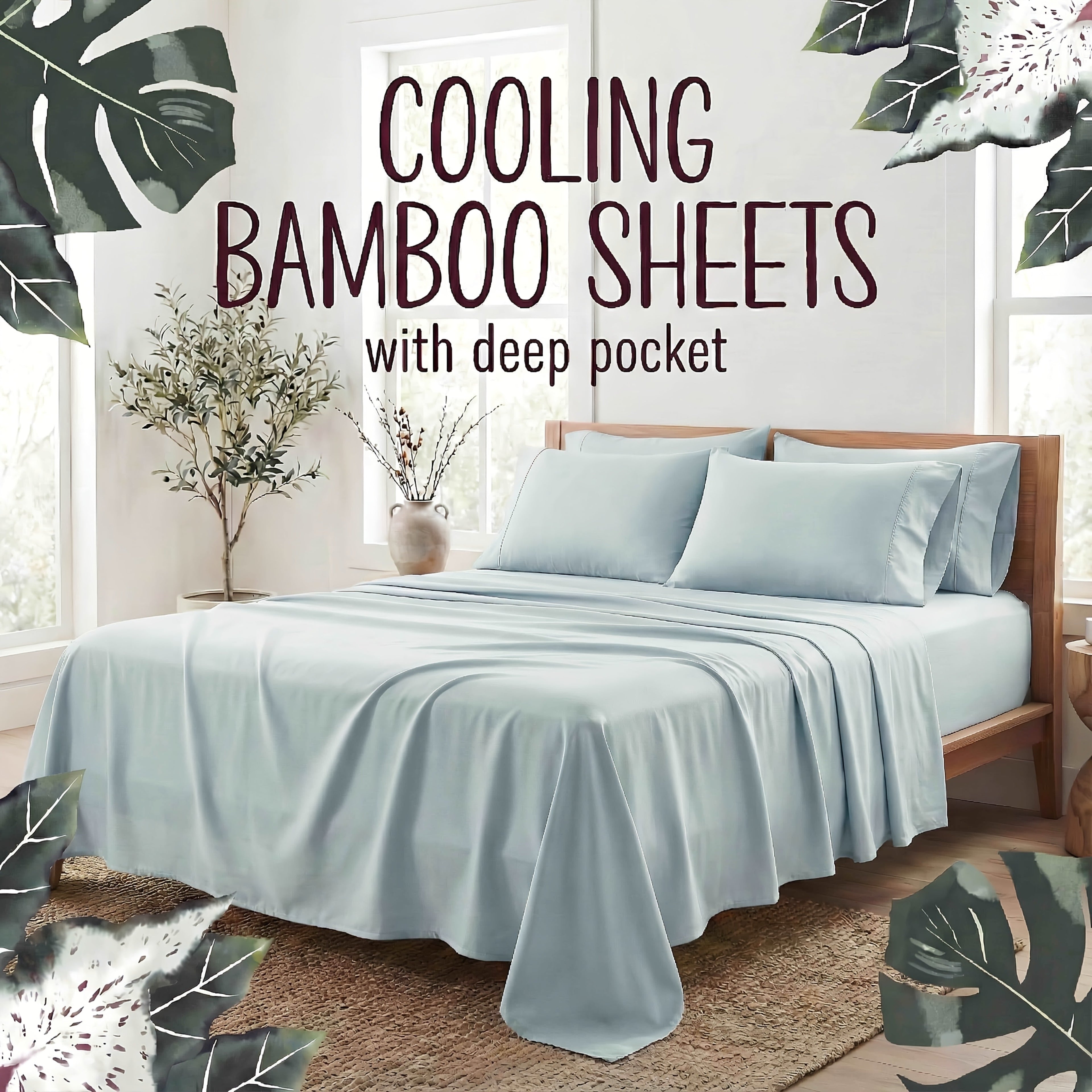 Bamboo Fiber Bed Sheet Set 4-Piece ¨C Cooling Sheets, Hypoallergenic, Deep Pocket Fitted Sheet, Wrinkle-Free Bedding for All Seasons, Twin Full Queen King
