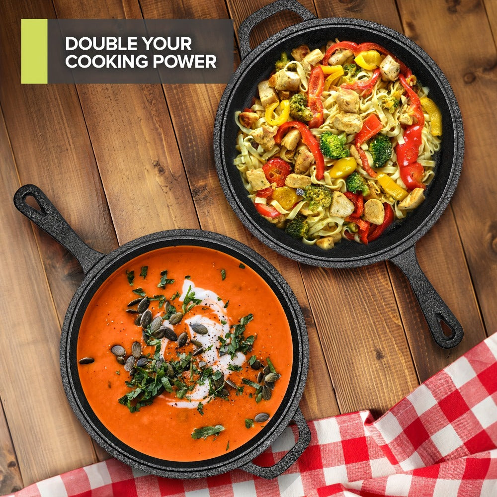 Cast Iron Dutch Oven & Frying Pan Set ¨C Pre-Seasoned 2-in-1 Cookware, Deep Pan + Skillet for Stovetop, Induction, Oven, BBQ & Outdoor Cooking, Multi-Purpose Pots and Pans Set