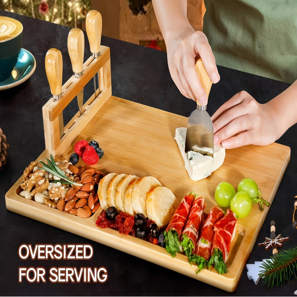 Charcuterie Board Set with Knives Large Bamboo Cheese Board Meat Platter Appetizer Tray with 4 Stainless Steel Knives Perfect for Party Wedding Christmas Birthday Gift