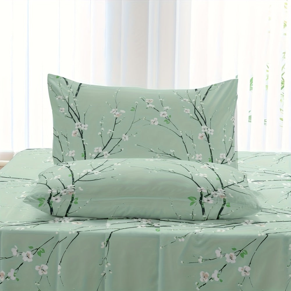 Fitted Sheet Set 4-Piece Plum Blossom Floral Print | Deep Pocket 15¡± Bed Sheets Twin Full Queen King | Soft Polyester Bedding Set with 2 Pillowcases, All-Season Machine Washable