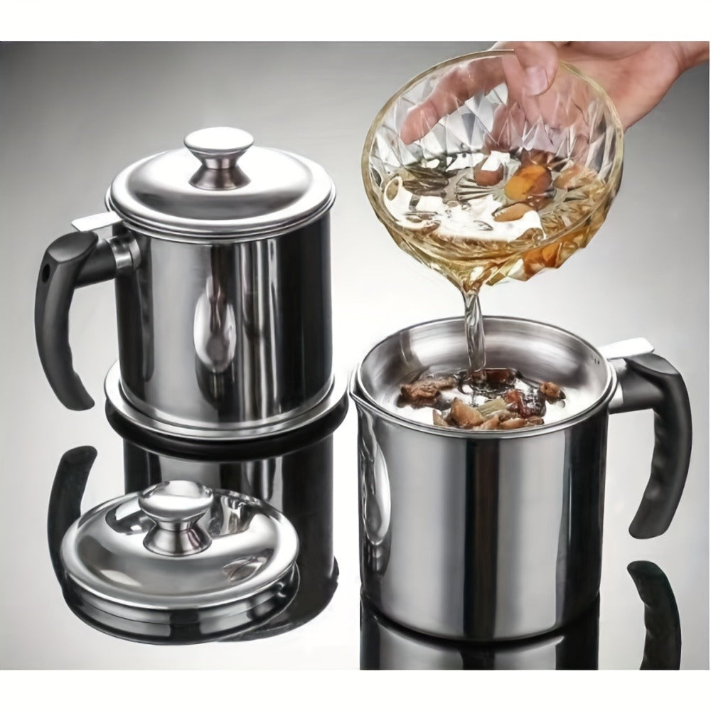 Grease Container with Strainer Stainless Steel BPA Free - Kitchen Bacon Fat Storage Can with Easy Pour Handle for Cooking Oils and Fats, Essential Kitchen Accessory