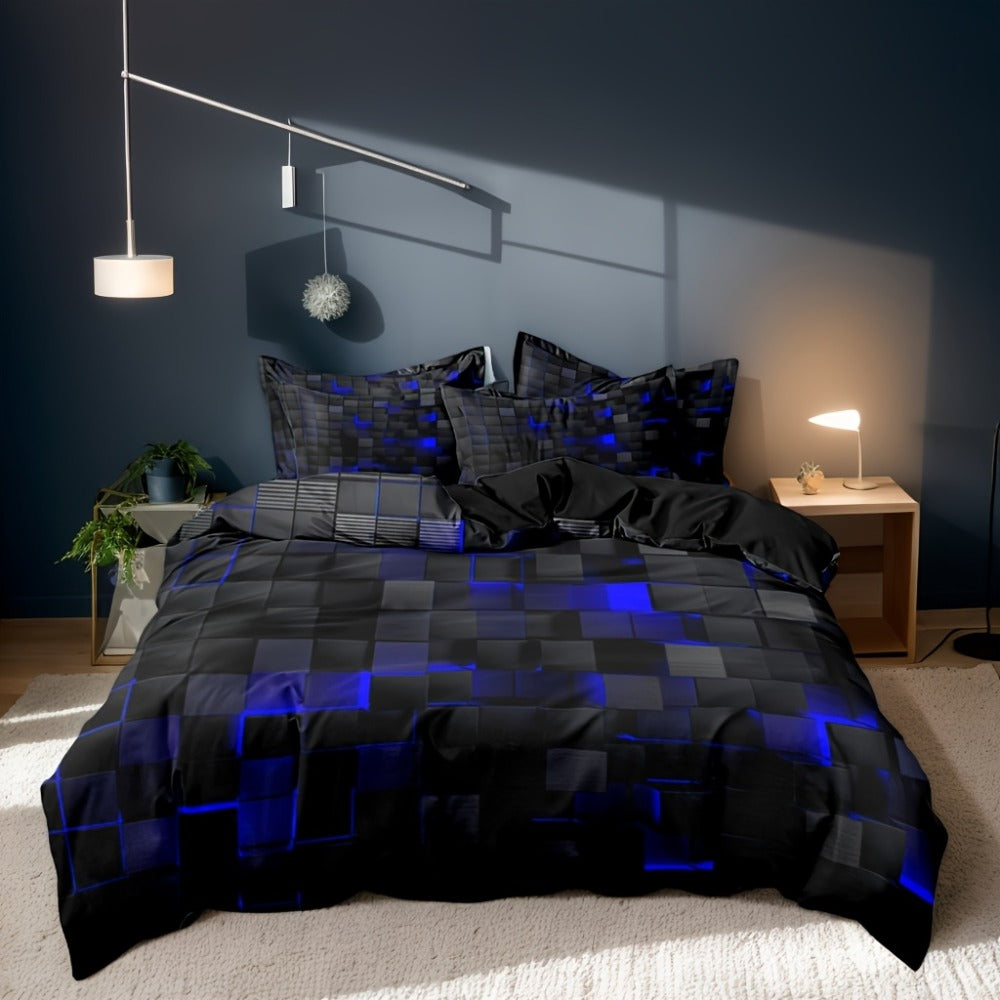 Duvet Cover Set Queen King Twin Full 3D Geometric Cube Print | 3-Piece Polyester Bedding Set | Black Blue Grid Pattern | All-Season Soft Quilt Cover + 2 Pillowcases | Machine Washable
