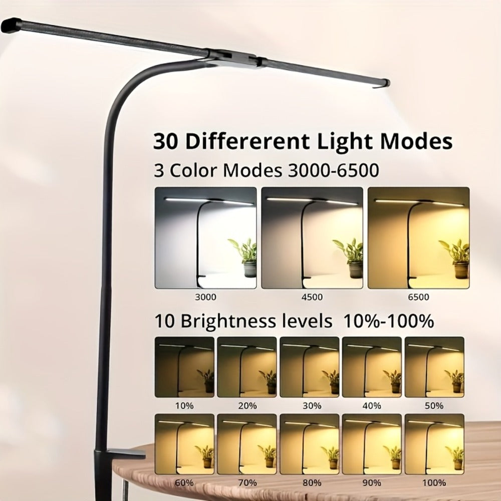 Dual Head LED Desk Lamp Touch Control 3 Color Modes 10 Brightness Levels Flexible Gooseneck Eye Care 13W USB Powered Base and Clip for Home Office Study PC Gaming Black
