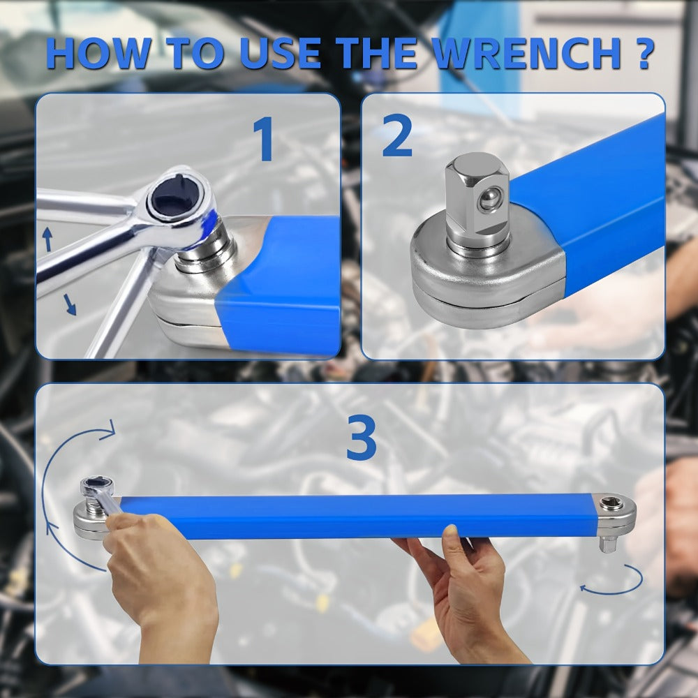 Ratchet Wrench 2-in-1 Offset Extension with 1/4¡± 3/8¡± 1/2¡± Square Head Adapters, 180-Degree Rotation High Torque Non-Slip Handle, Universal Flex Head Ratchet for Narrow Spaces & Auto Repair