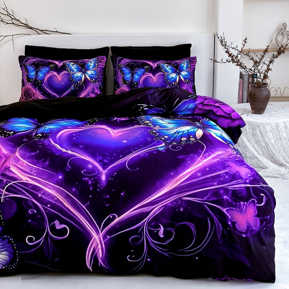 Purple Butterfly Floral Duvet Cover Set 3pcs - Colorful Fancy Butterfly Love Flower Bedding Set with 1 Duvet Cover & 2 Pillowcases, High-Definition Print, Twin Full Queen King, Polyester Bedroom Decor