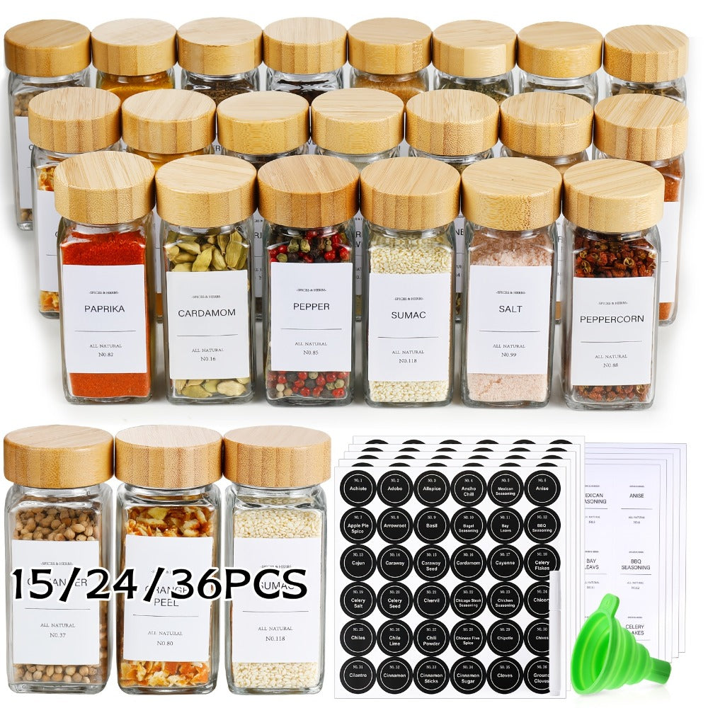 Glass Spice Jars with Labels and Lids 4oz, Empty Spice Bottles with Foldable Funnel for Kitchen Organization, Airtight Condiment Storage Containers for Herbs and Seasonings, Set of 15 24 or 36 Pieces