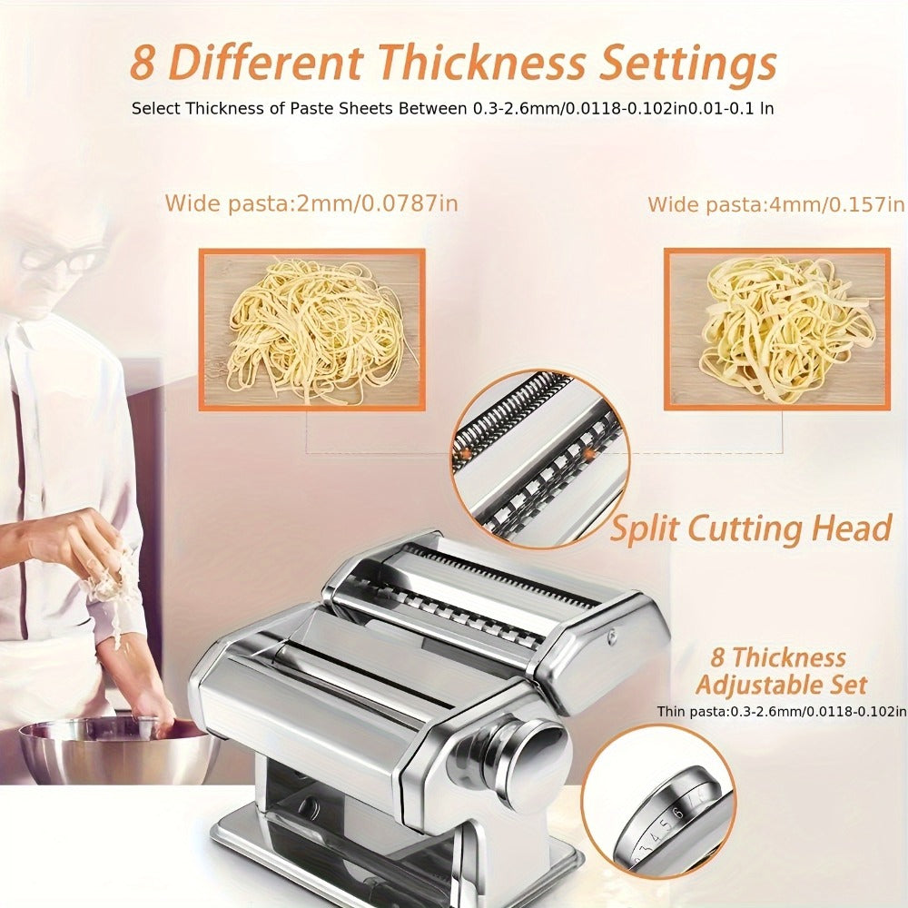 Pasta Machine with 8 Adjustable Thickness Settings, 2-in-1 Stainless Steel Manual Pasta Maker with Roller & Cutter, Homemade Noodle Maker for Spaghetti Fettuccine Lasagna Dumpling Wrappers