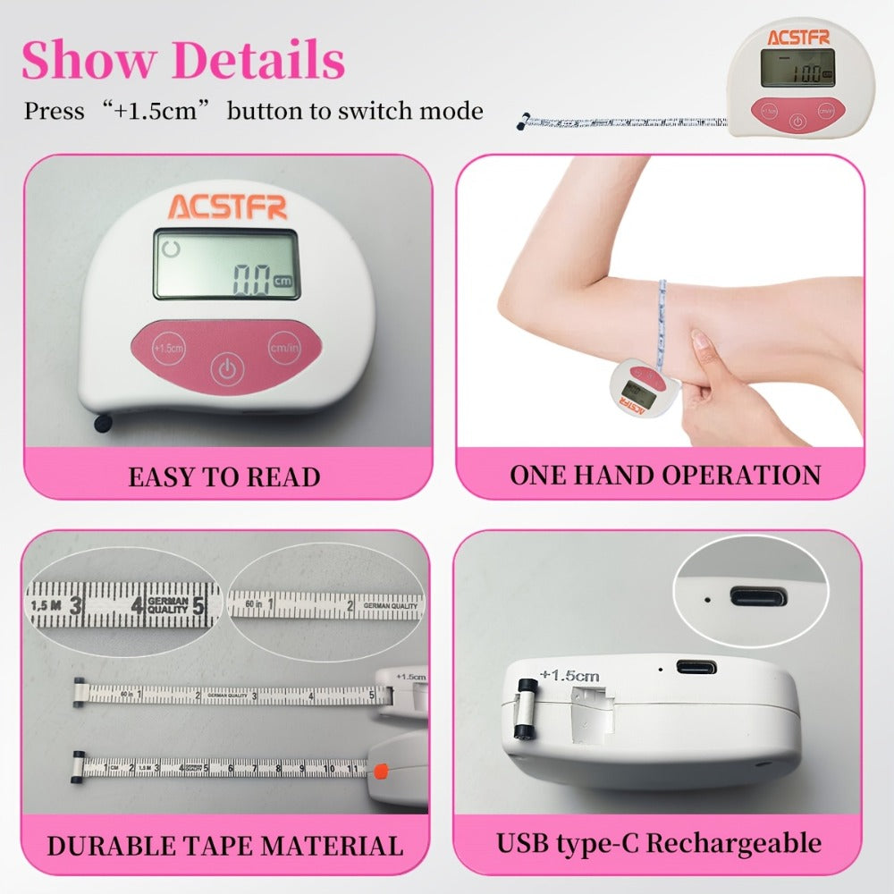 Digital Body Measuring Tape 60 Inch 150cm Smart Retractable Electronic Tape Measure for Weight Loss Waist Hip Chest Arm Body Measurement USB Rechargeable Fitness Tracker Tool