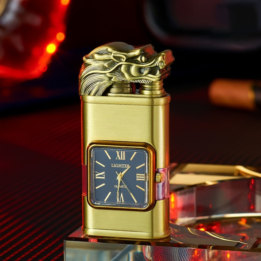 Double Flame Retro Metal Lighter Windproof Refillable Butane Outdoor Portable Quartz Ignition Dragon Eagle Gun Type Ice Golden Bronze Mahogany Creative Men Gift Box Packaging