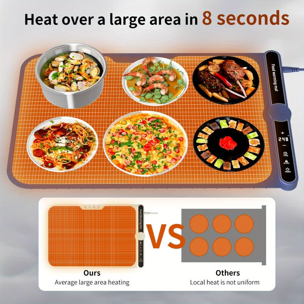 Electric Food Warming Mat with 6 Temperature Levels & 6-Hour Timer ¨C Full Surface Roll-Up Heating Tray for Holiday Parties Buffets Dining Table Keeps Food Warm Blue Beige