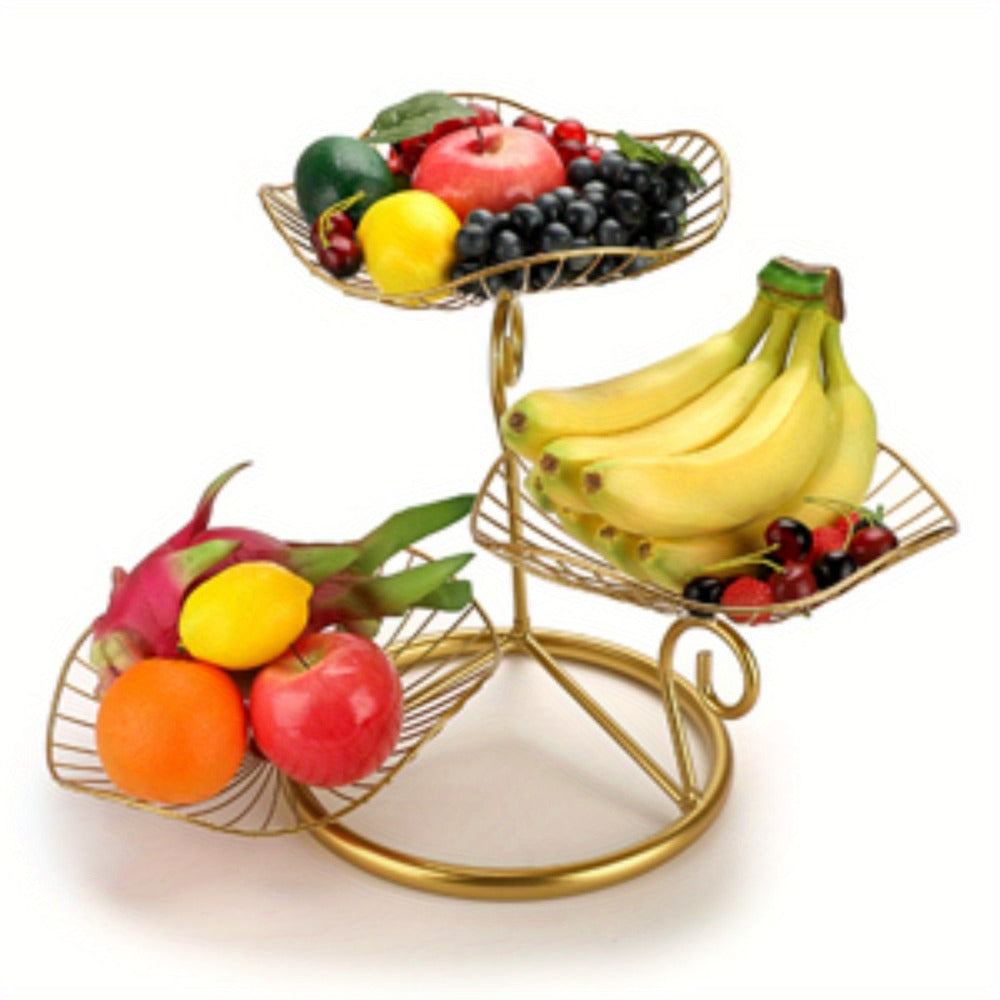 Fruit Basket Stand 3-Tier Decorative Iron Metal Wire Fruit Bowl with Lotus Leaf Design, Countertop Holder for Fruits Vegetables Bread Snacks, Modern Home Kitchen Table Centerpiece Organizer Gold