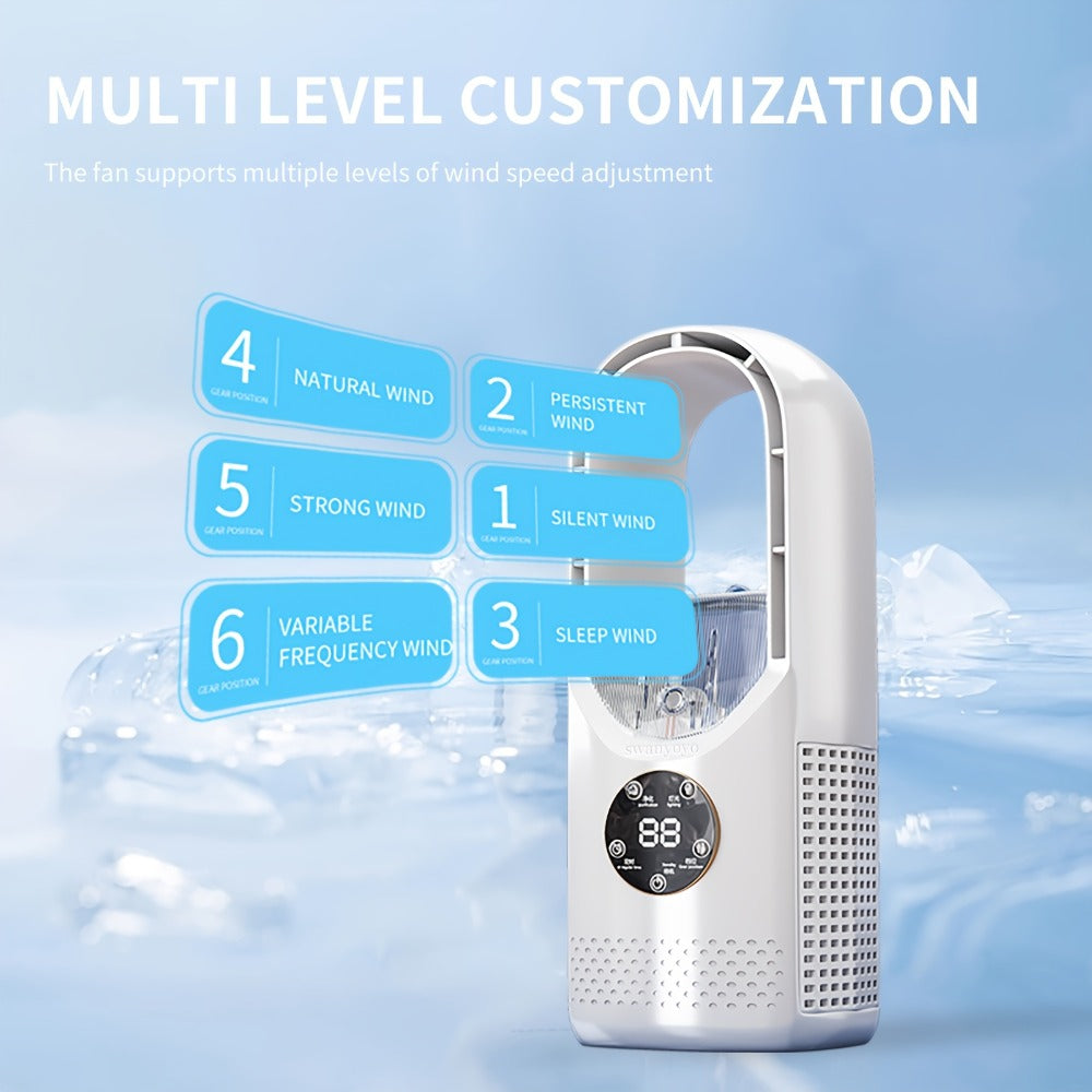Portable Bladeless Fan USB Tower Fan, Desktop Air Conditioner Fan with Water Mist Cooling, Remote Control, Touch Screen, 7-Color LED Ambient Light and Timer, Personal Cooling Fan for Office, Travel, Camping, Home