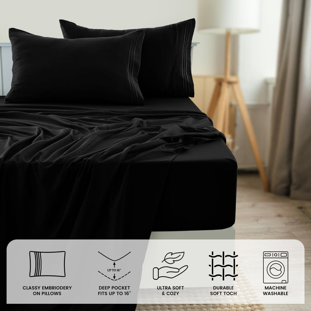 Fitted Sheet Set 6-Piece Brushed Polyester Deep Pocket Bed Sheets 20 Colors Hotel Luxury Soft Bedding with Embroidered Pillowcases