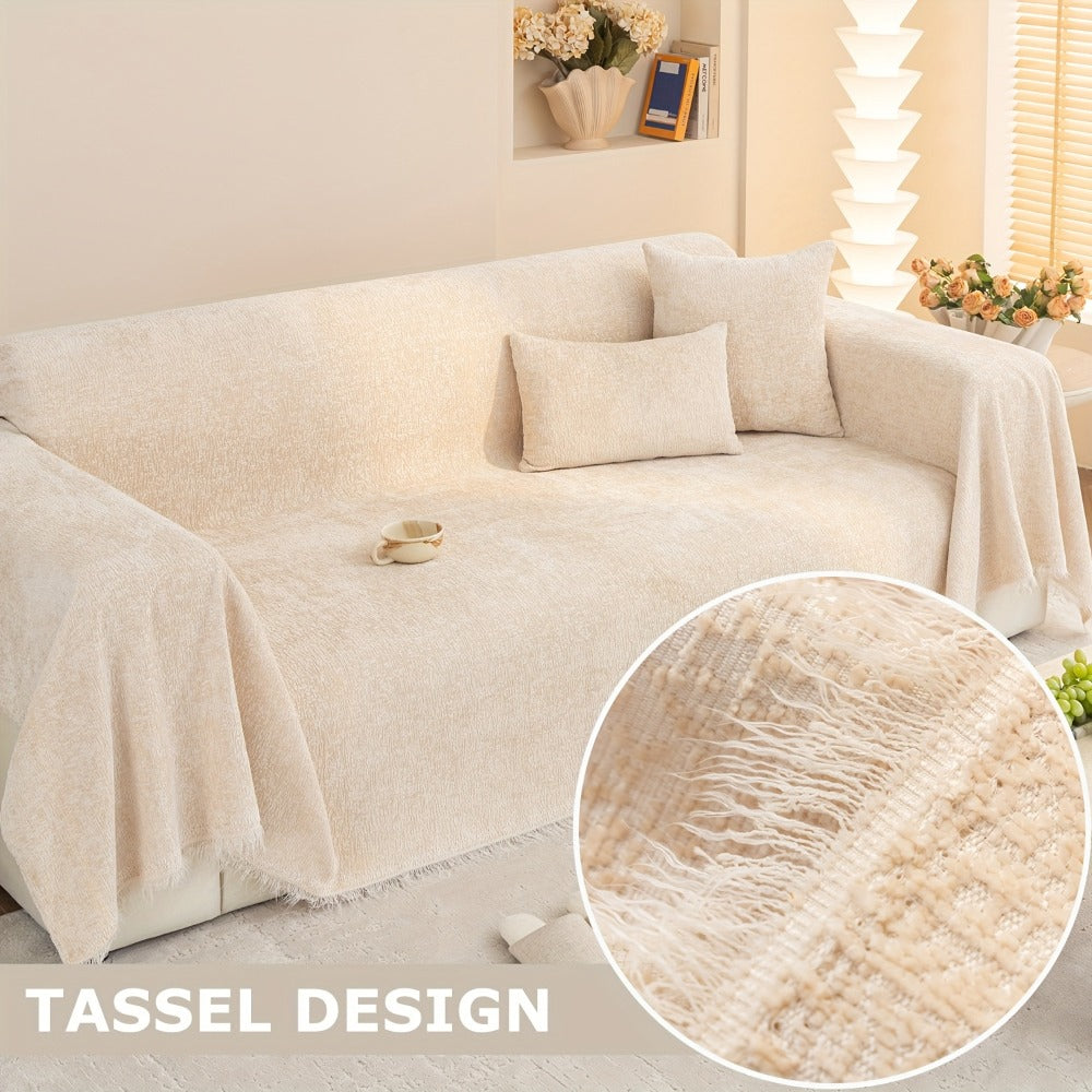 Chenille Sofa Cover with Fringe 300GSM - Super Soft Pet Friendly Solid Couch Slipcover for Single 2 4 Seater Living Room Decoration, 4 Colors