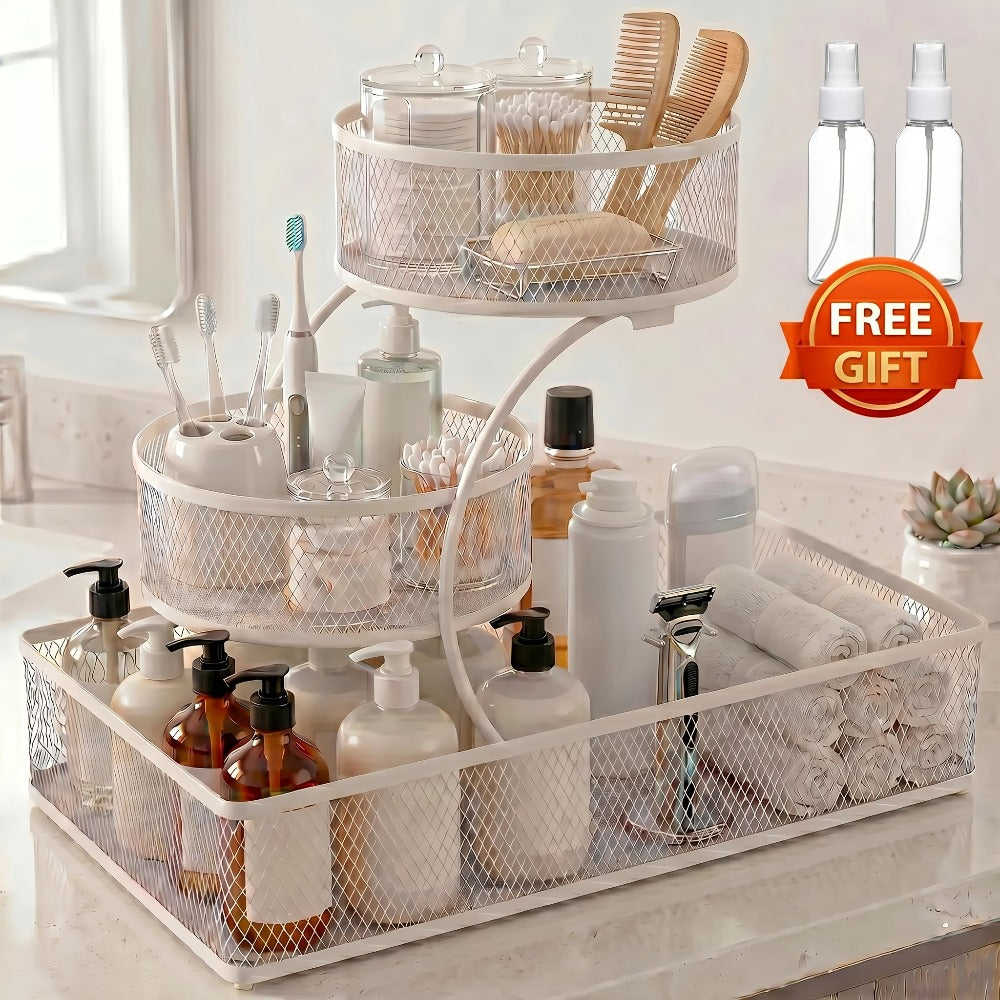 Bathroom Storage Rack 3-Tier Metal Countertop Organizer with Spray Bottle & Hooks ¨C Rust-Resistant Diamond Mesh Shelf for Vanity, Skincare, Cosmetics & Toiletries
