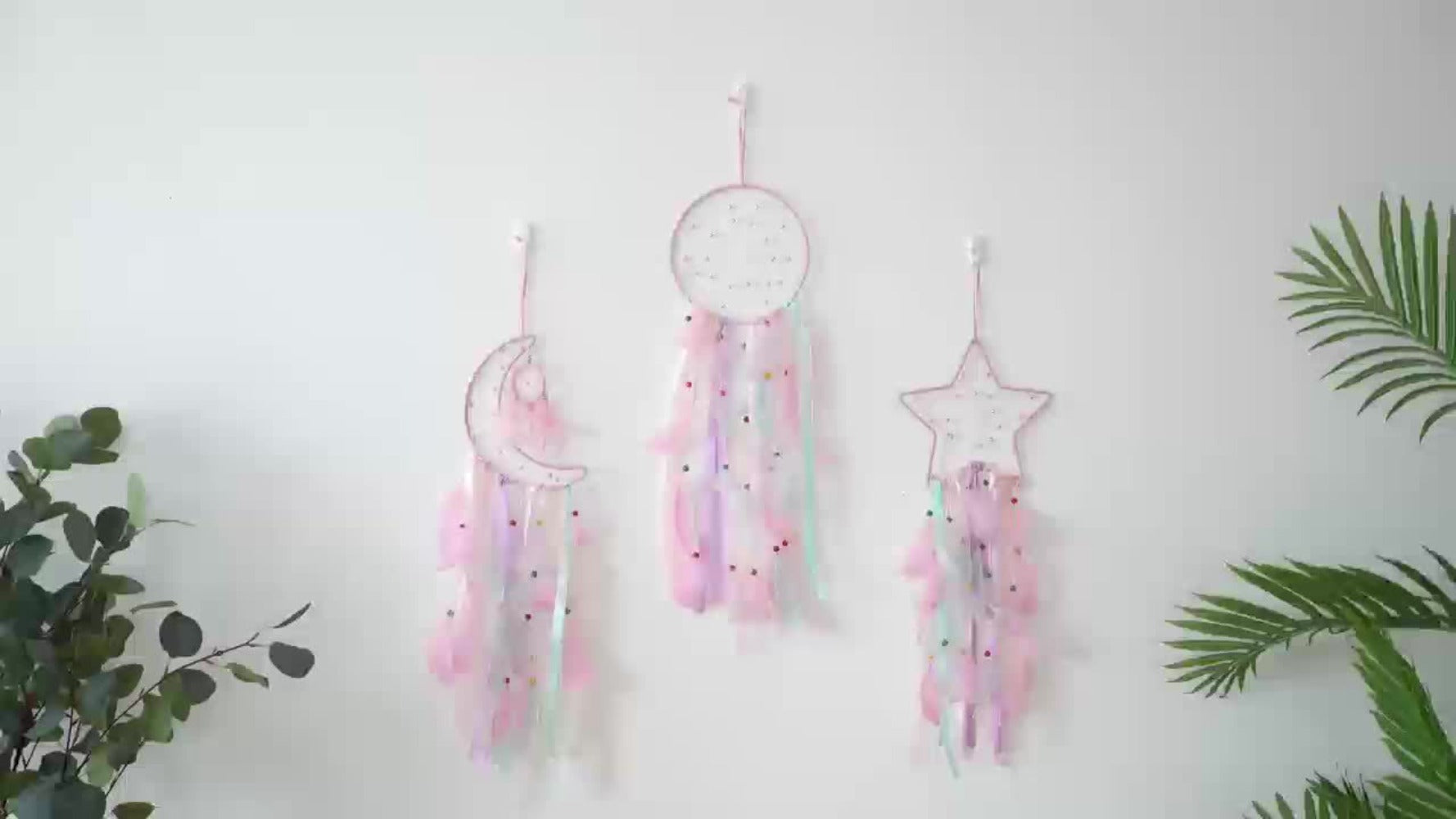 Dream Catcher Set of 3 - Moon Sun Star Wall Hanging Decor for Bedroom, Boho Room Decor for Teen Girls Kids, Princess Bedroom Decoration, 8 Inch Metal Hoop, Pink White Black Brown, Nursery Wall Art Gift