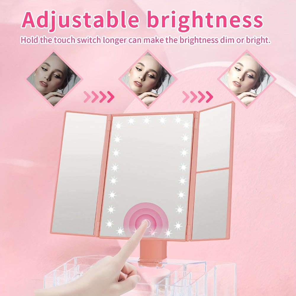 Lighted Makeup Mirror with Storage ¨C Tri-Fold Vanity Mirror 24 LED Lights, Touch Screen, 3X/2X/1X Magnification, 180¡ã Rotation, Dual Power Supply, White & Rose Gold