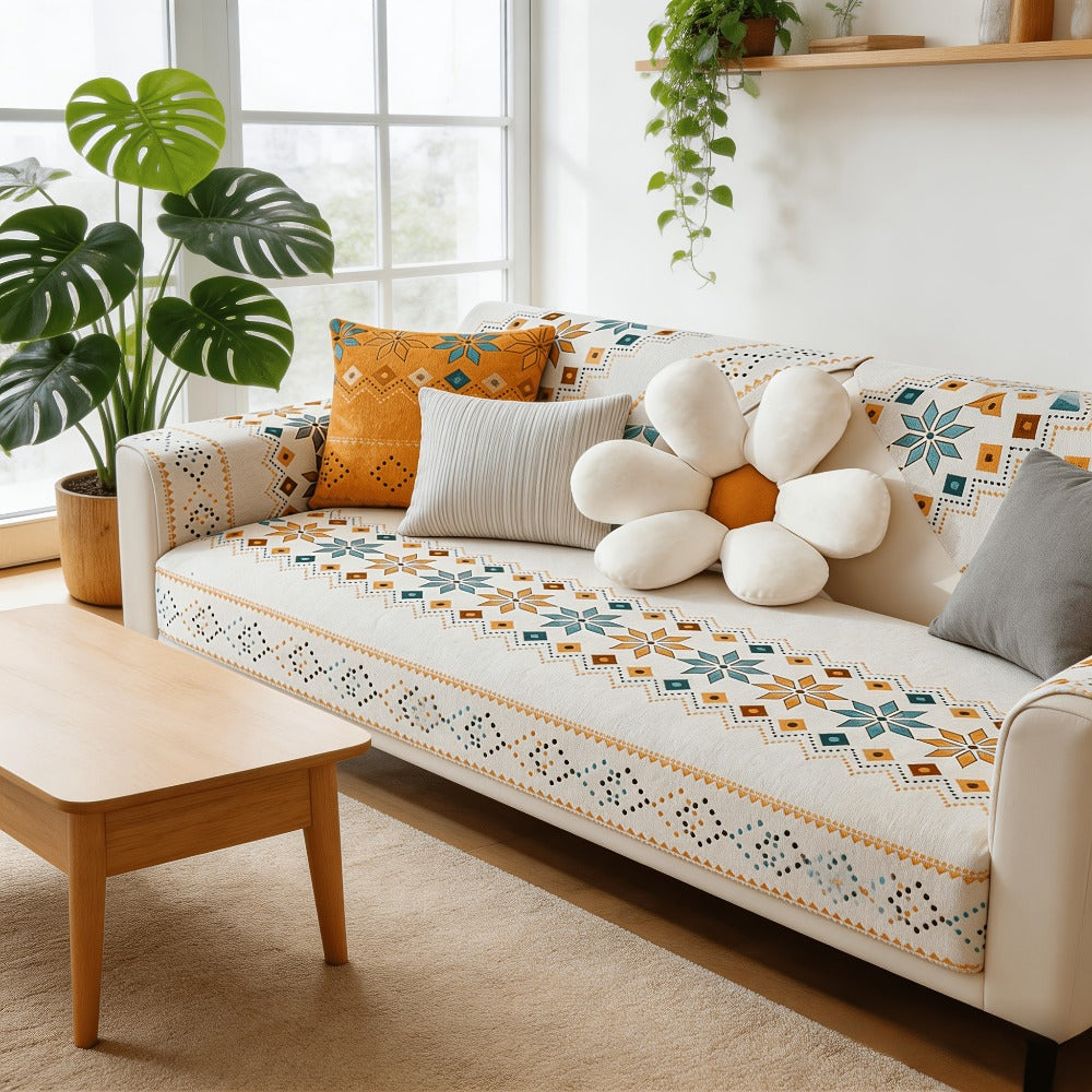 Chenille Sofa Cover Bohemian Style 1pc - Ethnic Pattern Anti-Slip Cat Scratch Resistant Skin-Friendly Couch Slipcover | 2 3 4 Seat Sizes White Green | Living Room Bedroom Office Sofa Cushion Cover Home Decor