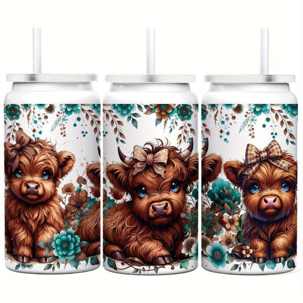 Highland Cow Insulated Tumbler Mug 40oz 16oz | Stainless Steel Vacuum Insulated | 24H Cold 12H Hot | Floral Teal Design | Gift