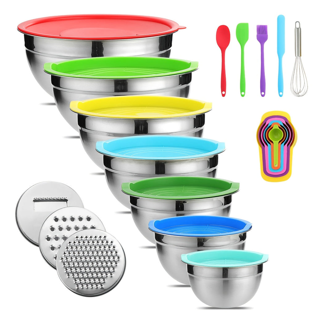 Stainless Steel Mixing Bowl Set 21-Piece with Lids and Grater Attachments, Nesting Bowls 0.7QT to 4.5QT, Rust Resistant Kitchen Bowls for Cooking Baking Serving, Complete Prep Bowl Set with Lids