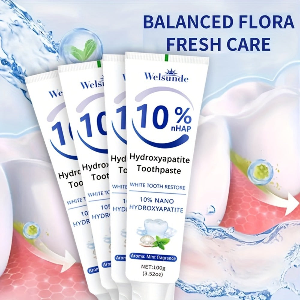 Hydroxyapatite Toothpaste 4-Pack ¨C 10% Nano Formula with Baking Soda, Deep Cleaning & Whitening Gel, Mint Fresh Breath, Fluoride-Free Daily Oral Care for Everyone, Home & Travel Sleek Tube Design (400g)