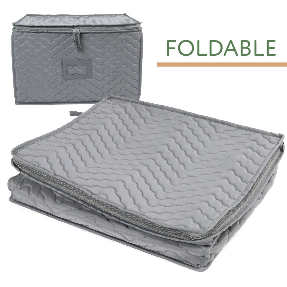 Wine Glass Storage Case 12-Compartment Quilted Stemware Box with Dividers 15.5x12.5x10 Inch Gray