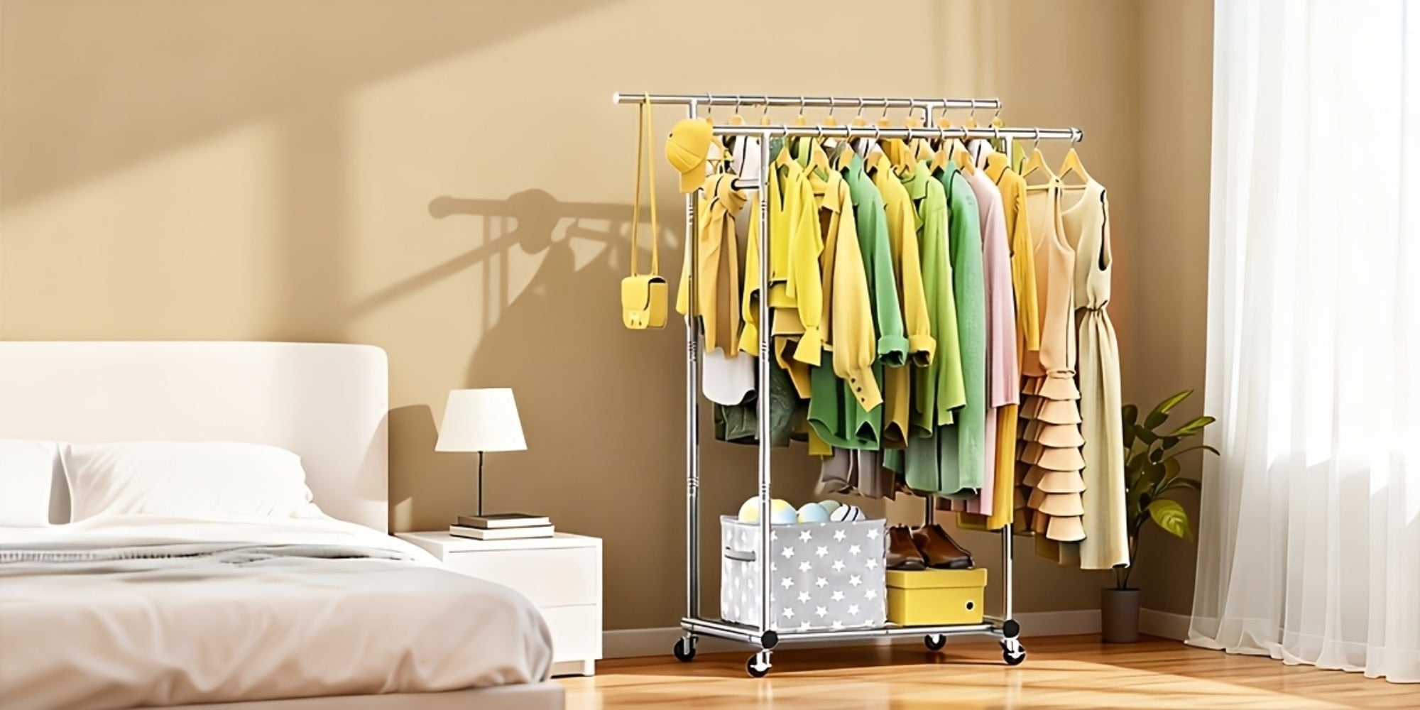 Portable Clothes Rack with Wheels ¨C Heavy Duty Double Rod Garment Rack with Shelves & Hooks | Metal Rolling Clothing Rack for Hanging Clothes | Multi-Functional Closet Rack for Bedroom & Laundry Room