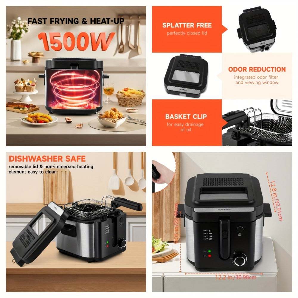 Deep Fryer Stainless Steel Large Capacity with Adjustable Temperature Control - 304 Stainless Steel Oil Fryer with Viewing Lid Cool-Touch Handles Easy Clean Basket, 5 Size Options 1.5L to 6L for Home Kitchen
