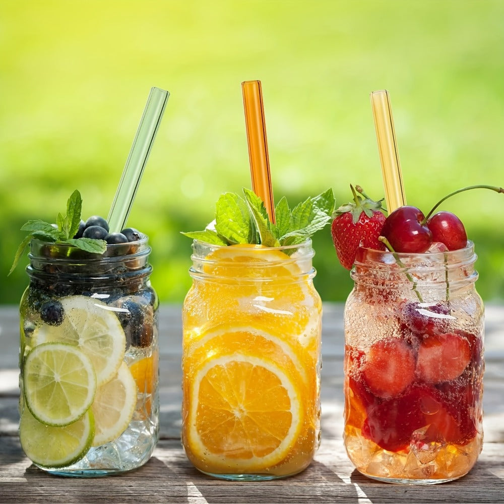Glass Straws Reusable 12 Pack with Cleaning Brushes - Borosilicate Glass Drinking Straws 6 or 8 Inch, Clear & Colorful, Thick 12mm, Dishwasher Safe for Smoothies, Juice, Coffee & Cocktails