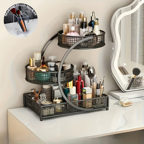 3-Tier Mesh Metal Bathroom Countertop Organizer - No-Installation Makeup Storage Rack, Tiered Vanity Shelf for Lipstick, Brushes & Skincare Bottles, Bronze Finish Space-Saving Cosmetic Organizer